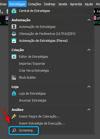 Para abrir o Screening, acesse o menu Estratégias.png