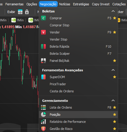 Posição no menu Negociação