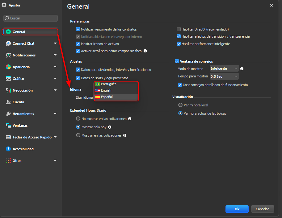 Configuración «Elegir idioma» destacada en el menú de ajustes de la plataforma.