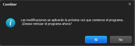 Mensaje de confirmación del cambio de idioma que indica la necesidad de reiniciar la plataforma para aplicar la configuración.