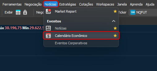 Menu noticias, opção Calendário Econômico.