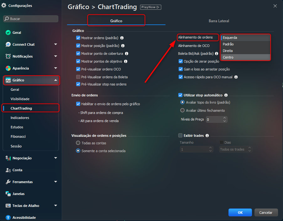 Configuração de alinhamento de ordens na aba Gráfico, em Configurações de Ferramentas.