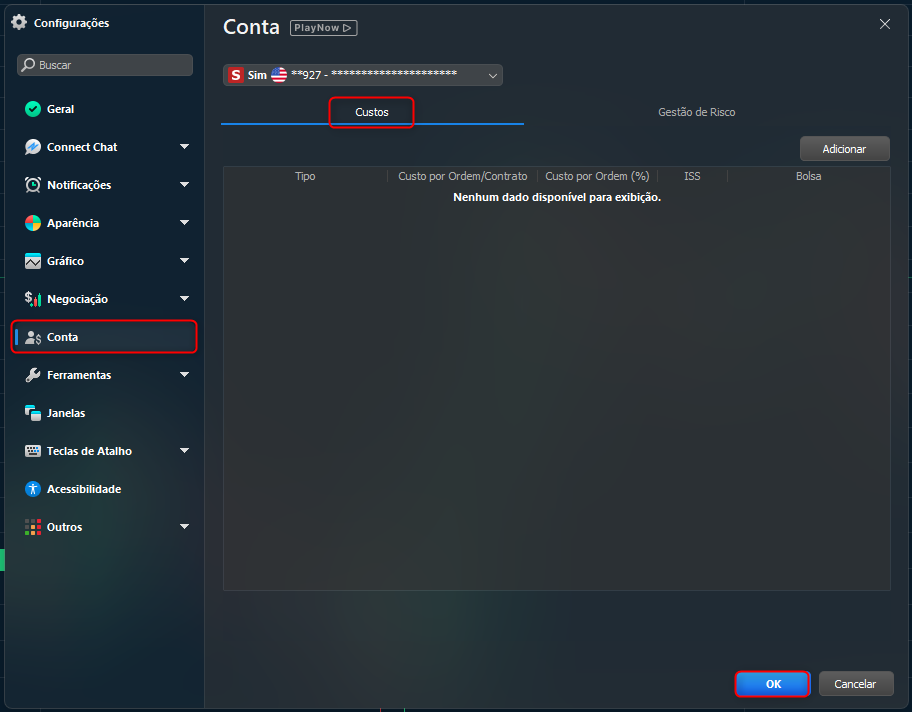 Janela de configuração de Custos operacionais
