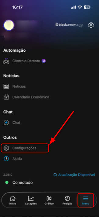 Menu configuração do Mobile