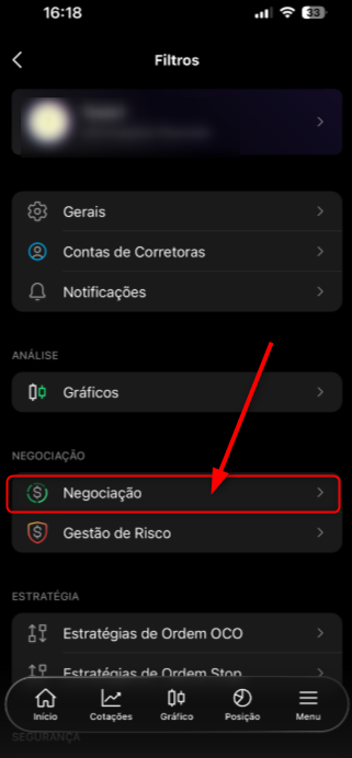 Opção de Negociação da configuração