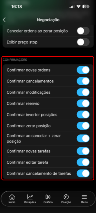 Opções de confirmações disponíveis para seleção. 