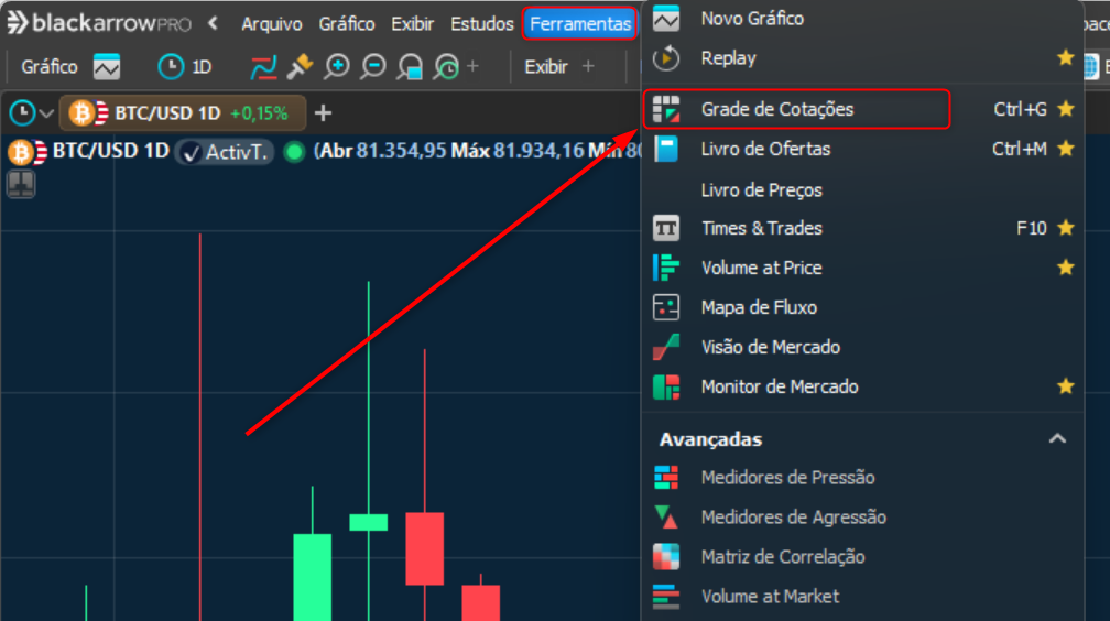 Menu Ferramentas, opção Grade de Cotações