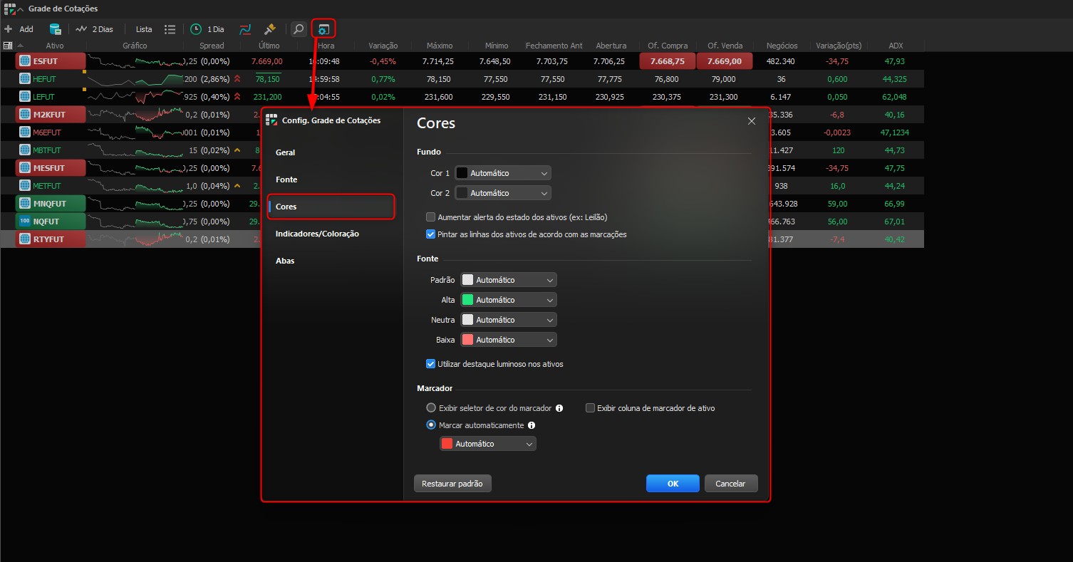 Aba Cores nas propriedades da grade de cotações, com opções para personalizar as cores das colunas.