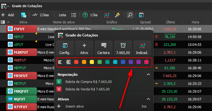 Opção para adicionar um marcador a um ativo na grade de cotações.