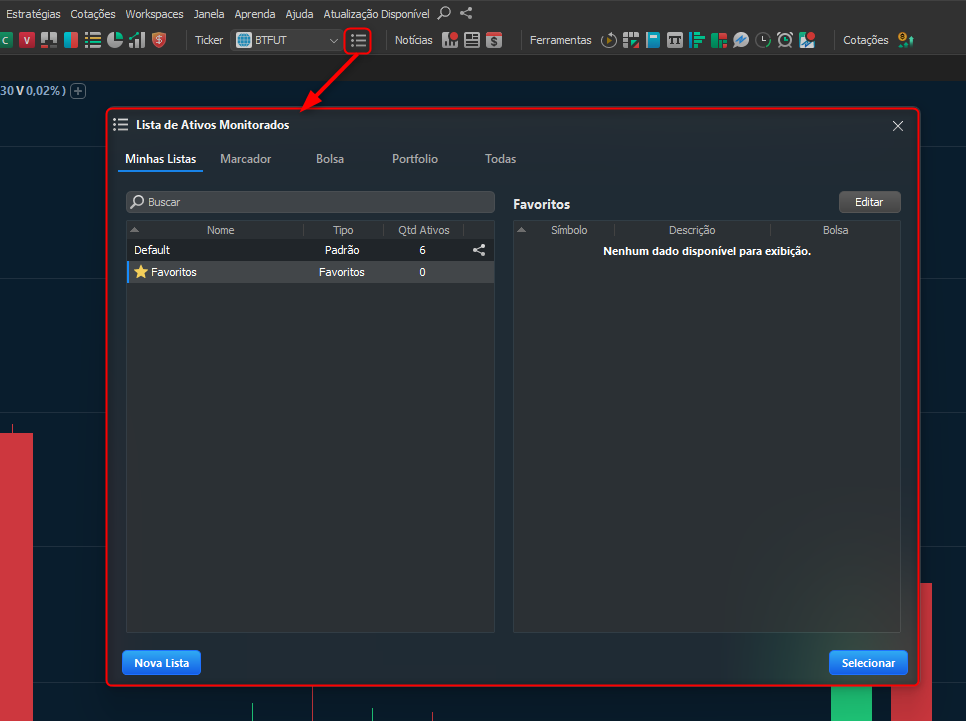 Opção Lista de Ativos Monitorados na barra superior da plataforma, para criar ou editar listas de ativos.