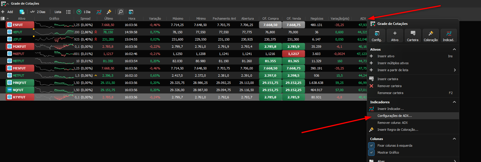 Configurações do indicador inserido na grade de cotações