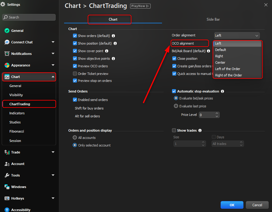 OCO Alignment Settings in the Chart tab under Tool Settings.