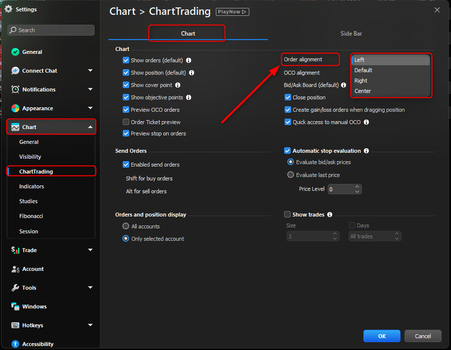 Order Alignment Settings in the Chart tab under Tool Settings.