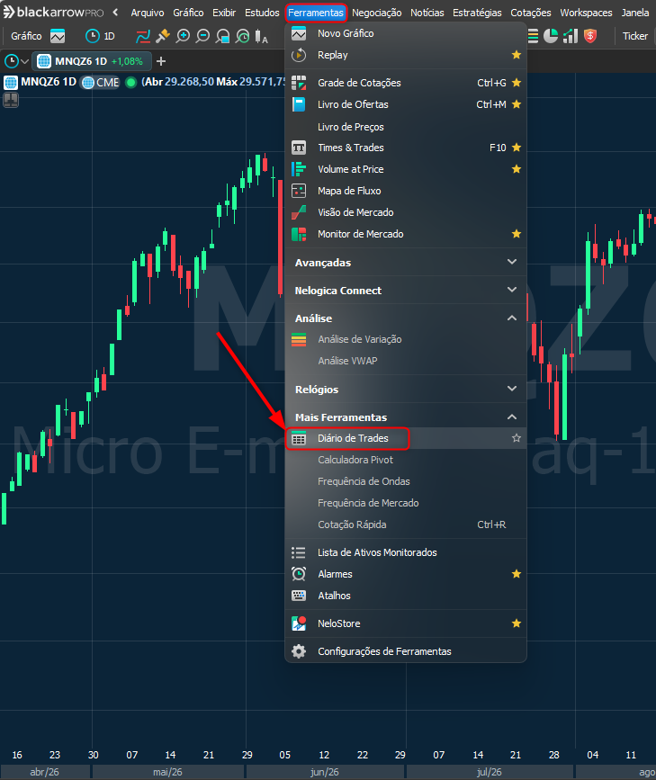 Onde localizar a ferramenta de Diário de Trades