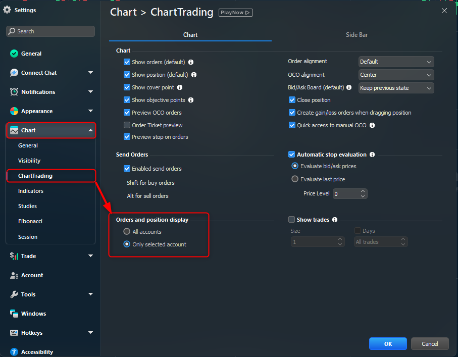 Setting to select the display of positions and orders for all accounts or only the selected account.