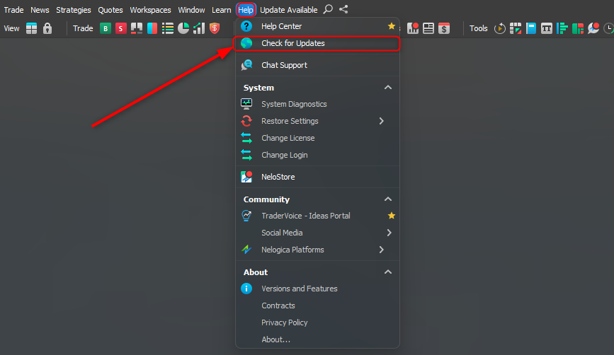 "Check for Updates" option highlighted in the Help menu.