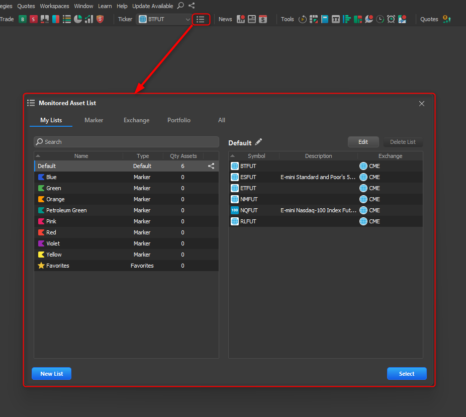 "Monitored Assets List" option in the platform's top bar, for creating or editing lists of assets.