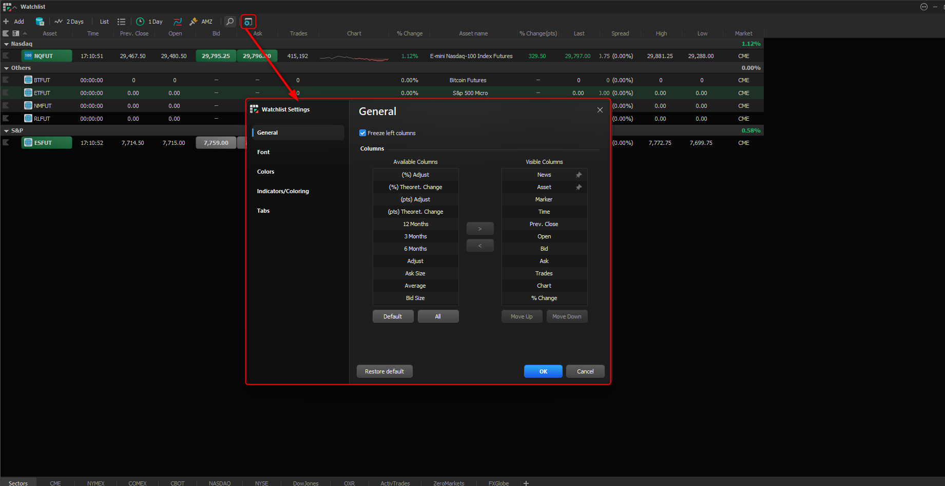 Quote grid configuration window, with options for customizing the assets and the columns displayed.
