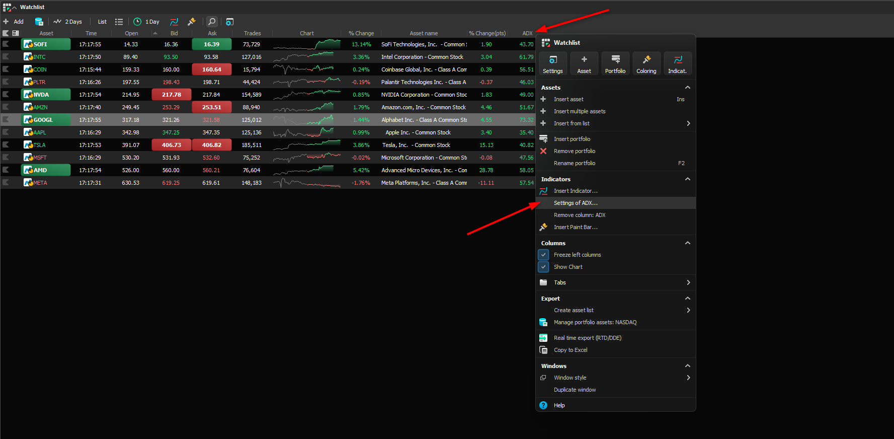 Settings for the indicator added to the quote grid
