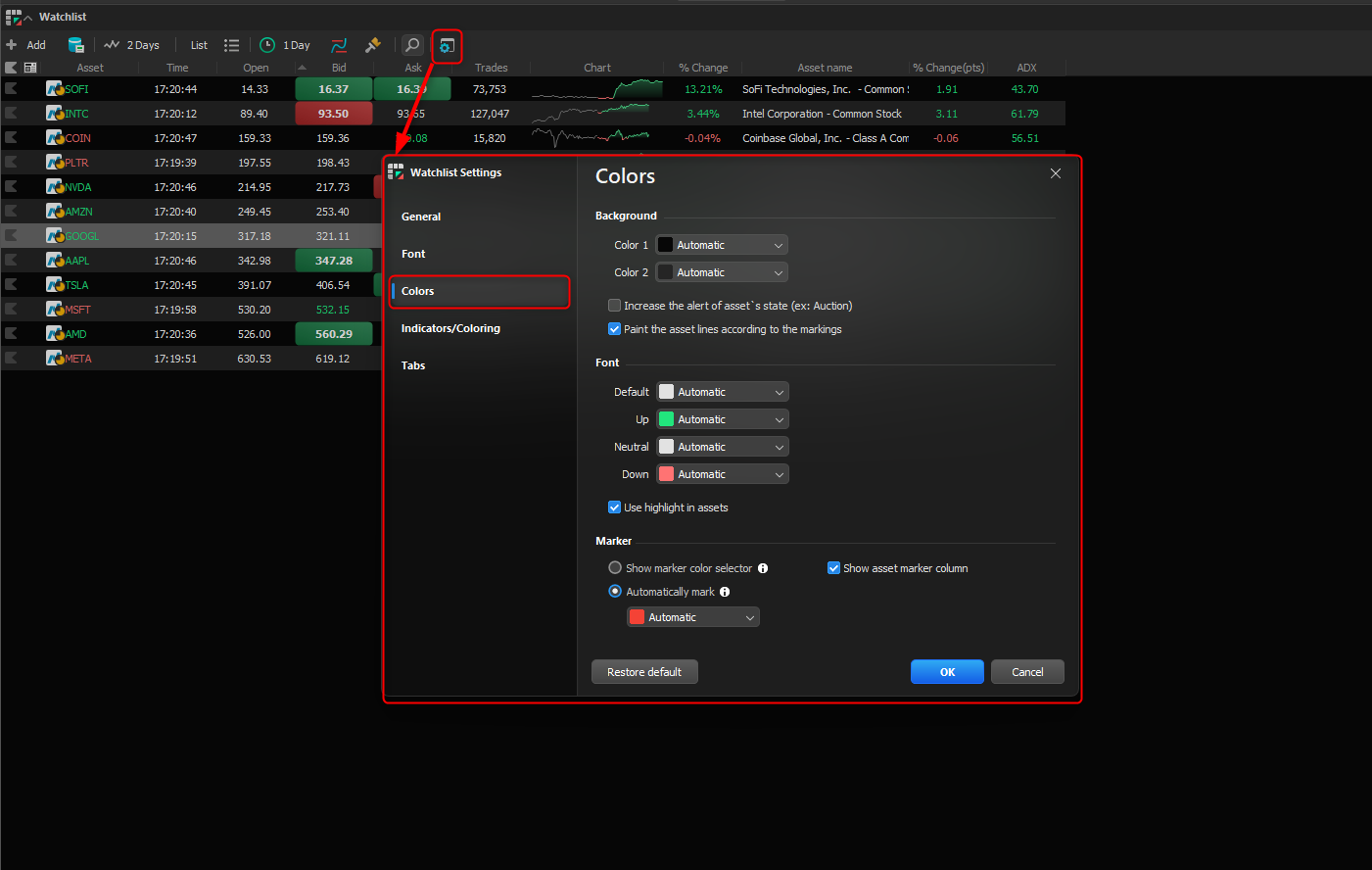 Colors tab in the quote grid properties, with options to customize column colors.