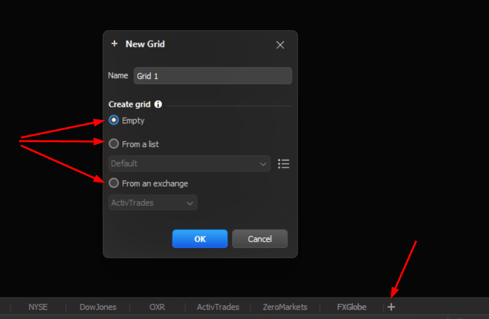 Window for creating a new grid, with the options "Empty" and "From a list or exchange."