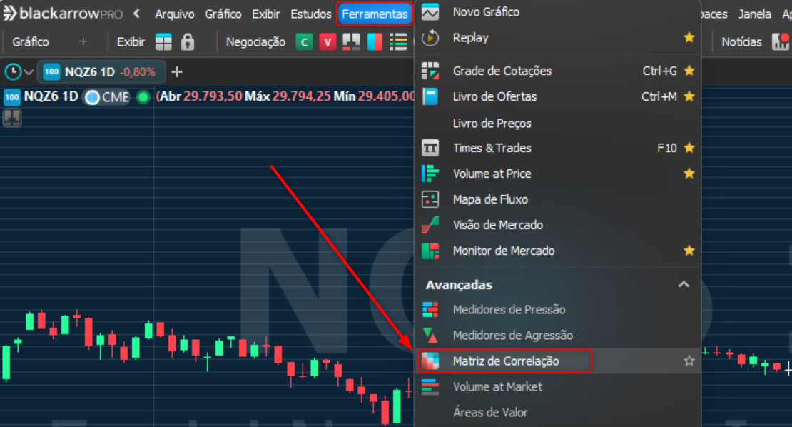Menu da Ferramenta de Matriz de Correlação