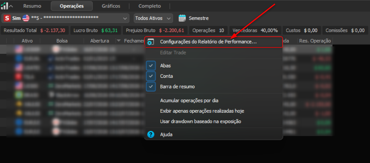 Configurações do Relatório de Performance